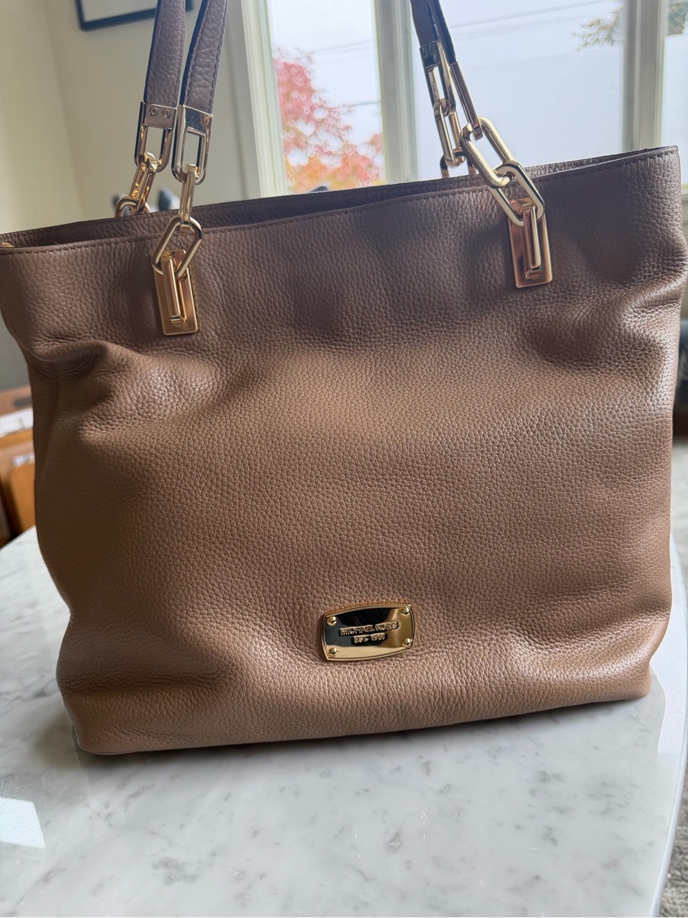 Michael Kors Pebbled Leather Tote in Mauve Brown with Gold Hardware